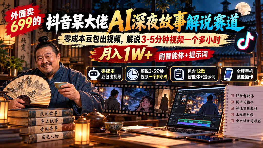 外面卖699抖音某大佬AI深夜故事解说赛道-更新：0成本豆包出视频+解说3-5分钟视频一个多小时，月入1W+附智能体+提示词-桀创项目掘金社