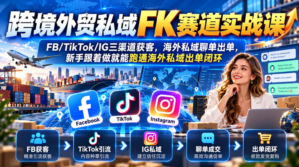 跨境外贸私域FK赛道实战课｜FB/TikTok/IG三渠道获客，海外私域聊单出单，新手跟着做就能跑通海外私域出单闭环-桀创项目掘金社