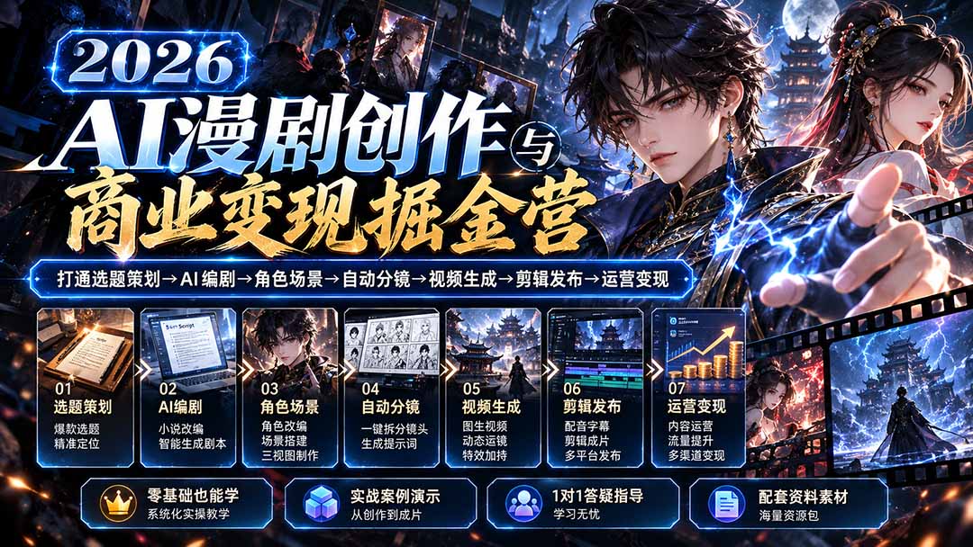 【无水印】2026AI漫剧创作与商业变现掘金营：打通选题→AI编剧→角色场景→自动分镜→视频生成→剪辑发布→运营变现-桀创项目掘金社