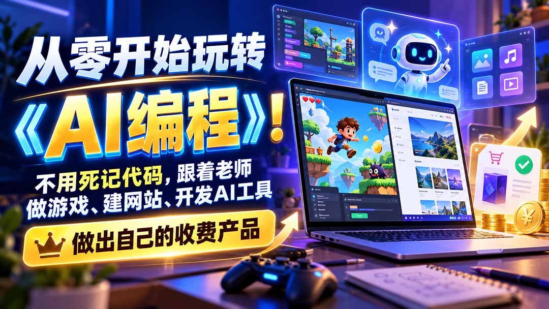 从零开始玩转《AI编程》！不用死记代码，跟着老师做游戏、建网站、开发AI工具，最后完成自己的收费产品-桀创项目掘金社