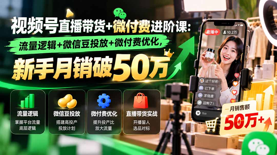 视频号直播带货+微付费进阶课-更新1010：流量逻辑+微信豆投放+微付费优化，新手月销破50万-桀创项目掘金社