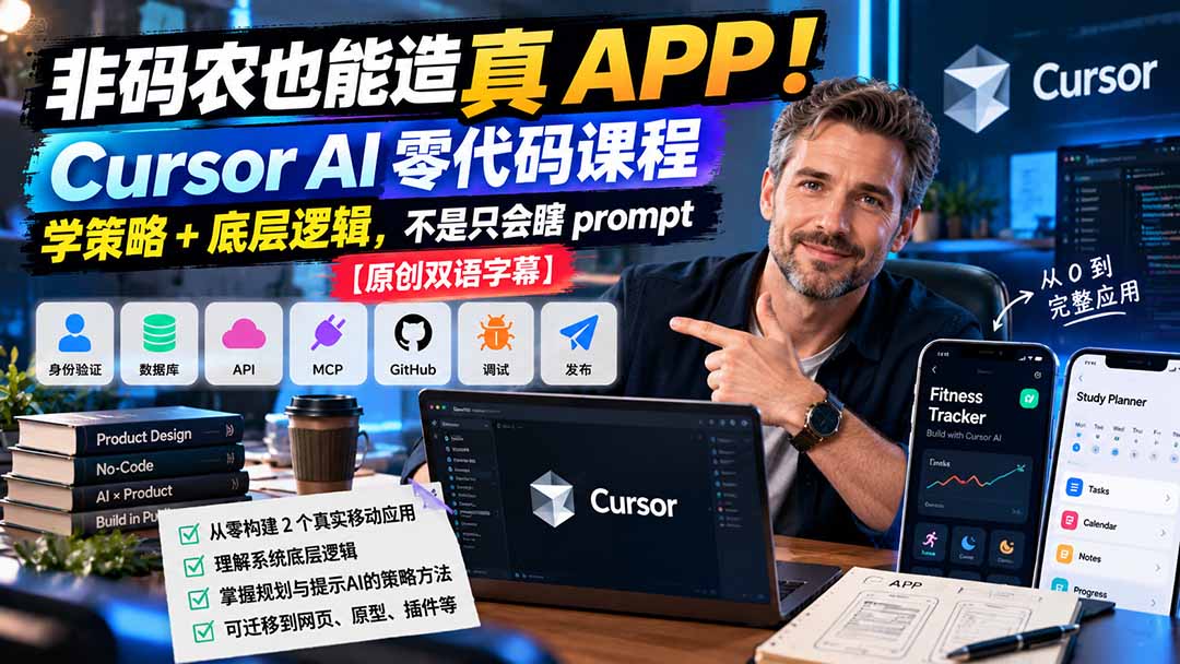 非码农也能造真 APP！Cursor AI 零代码课程：学策略 + 底层逻辑，不是只会瞎 prompt【原创双语字幕】-桀创项目掘金社