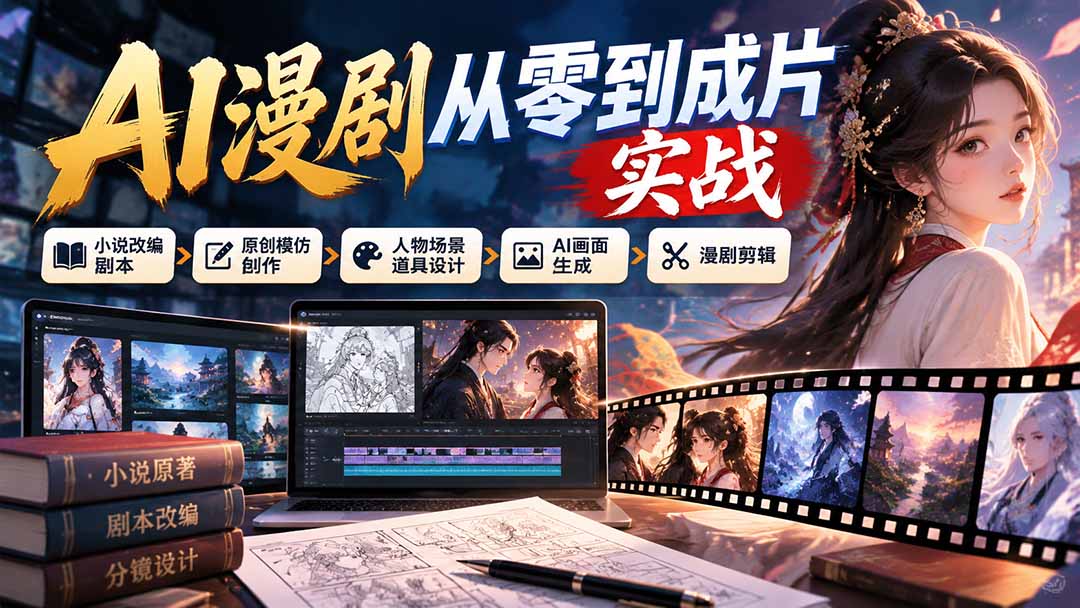 AI漫剧从零到成片实战：小说改编剧本、原创模仿创作、人物场景道具设计、AI画面生成与漫剧剪辑-桀创项目掘金社