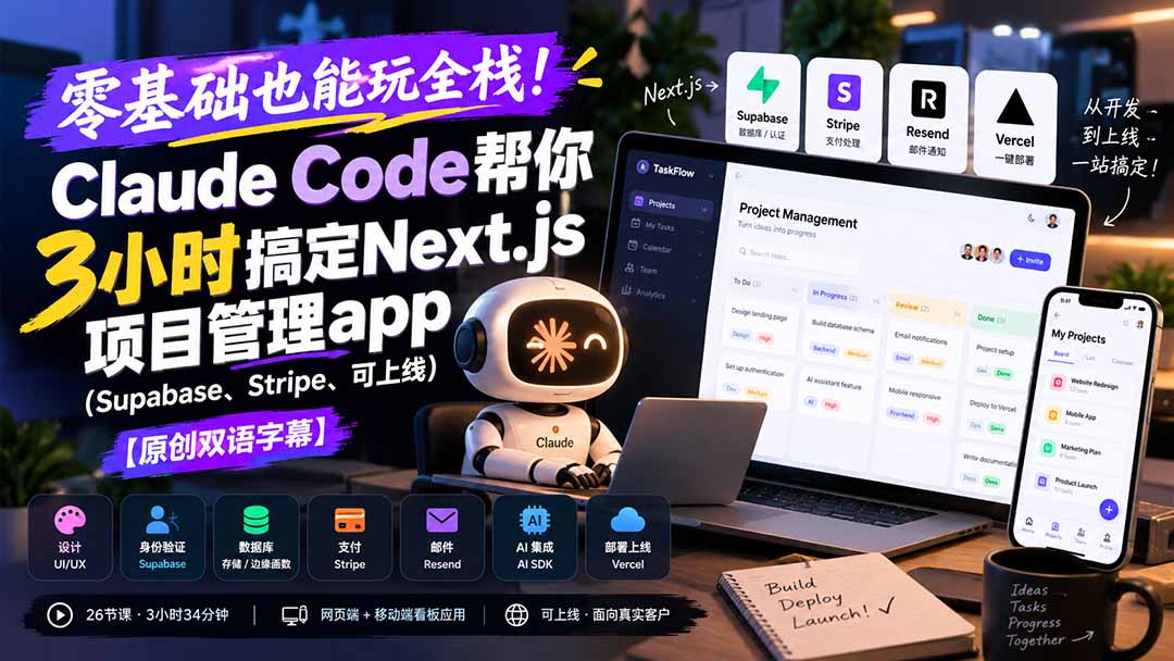零基础也能玩全栈！Claude Code帮你3小时搞定Next.js项目管理app(Supabase、Stripe、可上线-桀创项目掘金社