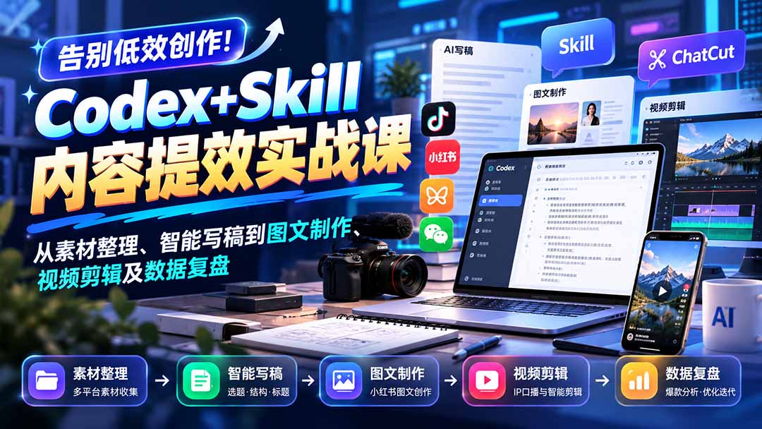 【无水印】告别低效创作！Codex+Skill内容提效实战课：从素材整理、智能写稿到图文制作、视频剪辑及数据复盘-桀创项目掘金社