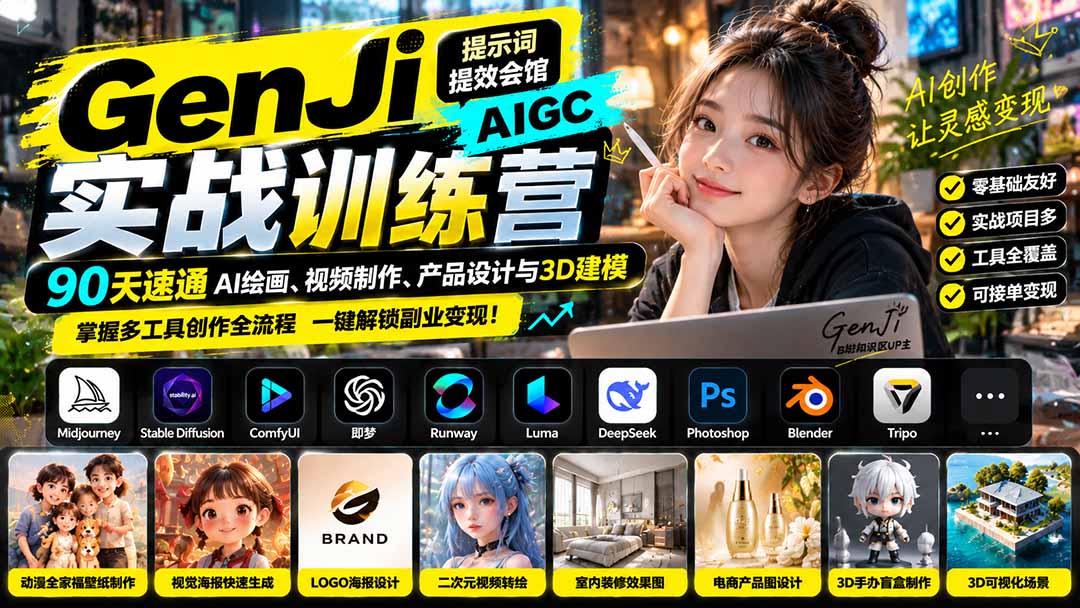 GenJi AIGC实战训练营：90天速通AI绘画、视频制作、产品设计与3D建模，掌握多工具创作全流程-桀创项目掘金社