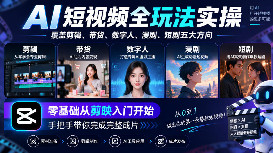AI短视频全玩法实操，覆盖剪辑、带货、数字人、漫剧、短剧五大方向，零基础从剪映入门开始，手把手带你完成完整成片-桀创项目掘金社