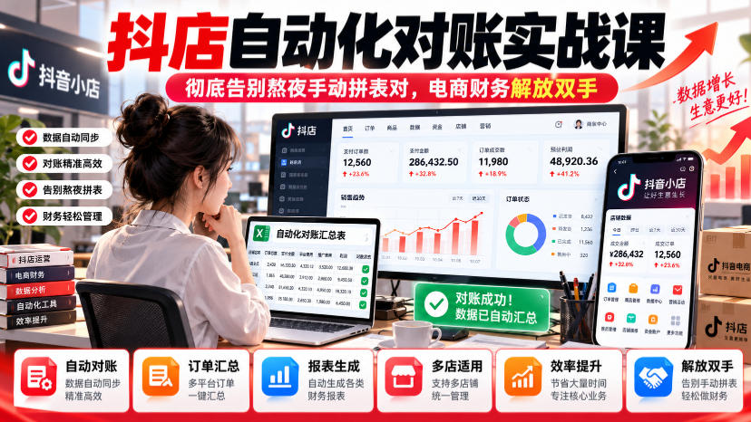 抖店自动化对账实战课，彻底告别熬夜手动拼表对，账电商财务解放双手-桀创项目掘金社