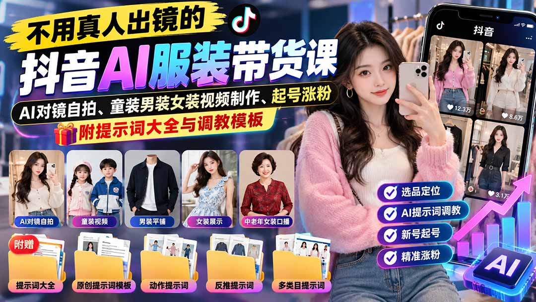 不用真人出镜的抖音AI服装带货课：AI对镜自拍、童装男装女装视频制作、起号涨粉，附提示词大全与调教模板-桀创项目掘金社