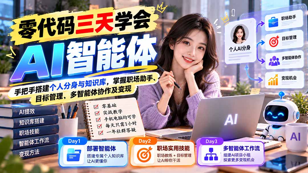 【无水印】零代码三天学会AI智能体：手把手搭建个人分身与知识库，掌握职场助手、目标管理、多智能体协作及变现-桀创项目掘金社