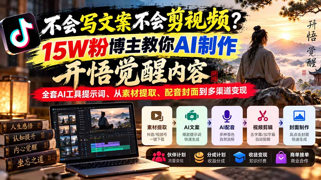 不会写文案不会剪视频？15W粉博主教你AI制作开悟觉醒内容，全套AI工具提示词、从素材提取、配音封面到多渠道变现-桀创项目掘金社