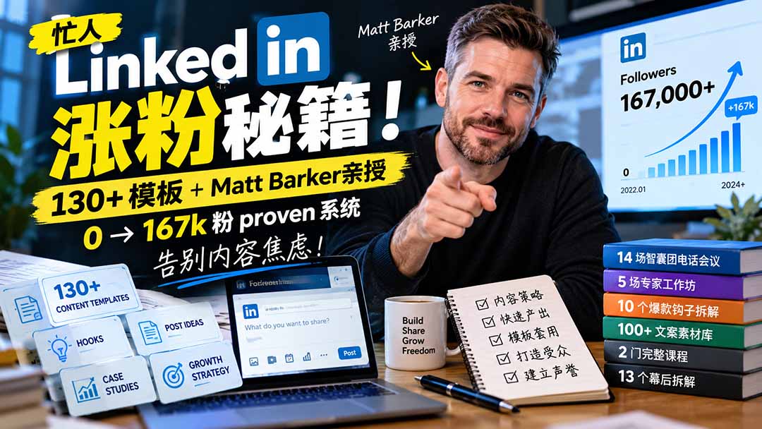【无水印】忙人LinkedI 涨粉秘籍！130+模板+Matt Barker亲授：0→167k粉proven系统，告别内容焦虑【原创双语字幕】-桀创项目掘金社