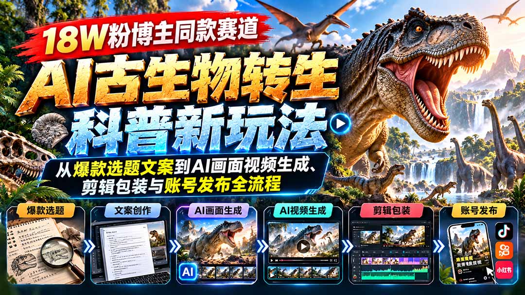 18W粉博主同款赛道-AI古生物转生科普新玩法：从爆款选题文案到AI画面视频生成、剪辑包装与账号发布全流程-桀创项目掘金社