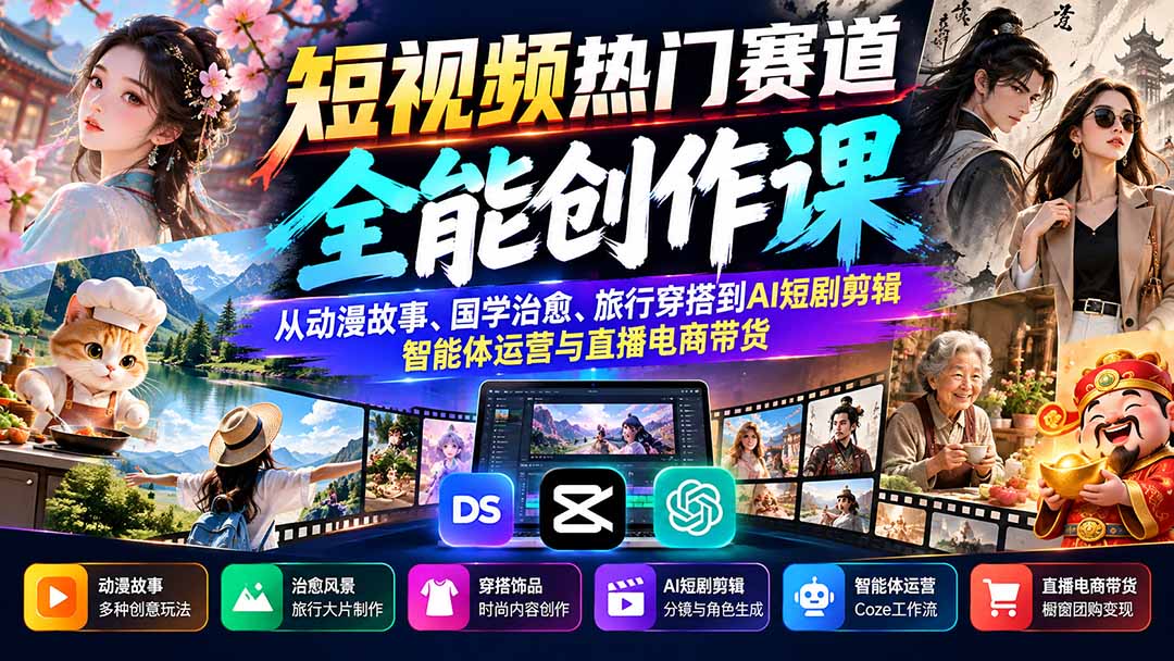 短视频热门赛道全能创作课：从动漫故事、国学治愈、旅行穿搭到AI短剧剪辑、智能体运营与直播电商带货-桀创项目掘金社
