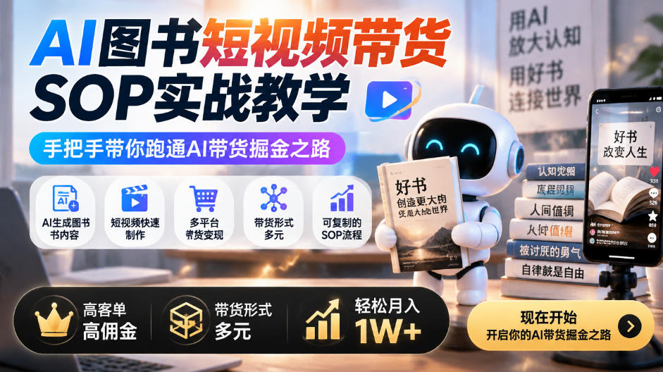 AI图书短视频带货SOP实战教学，手把手带你跑通AI带货掘金之路，高客单高佣金，带货形式多元，轻松月入1W+-桀创项目掘金社