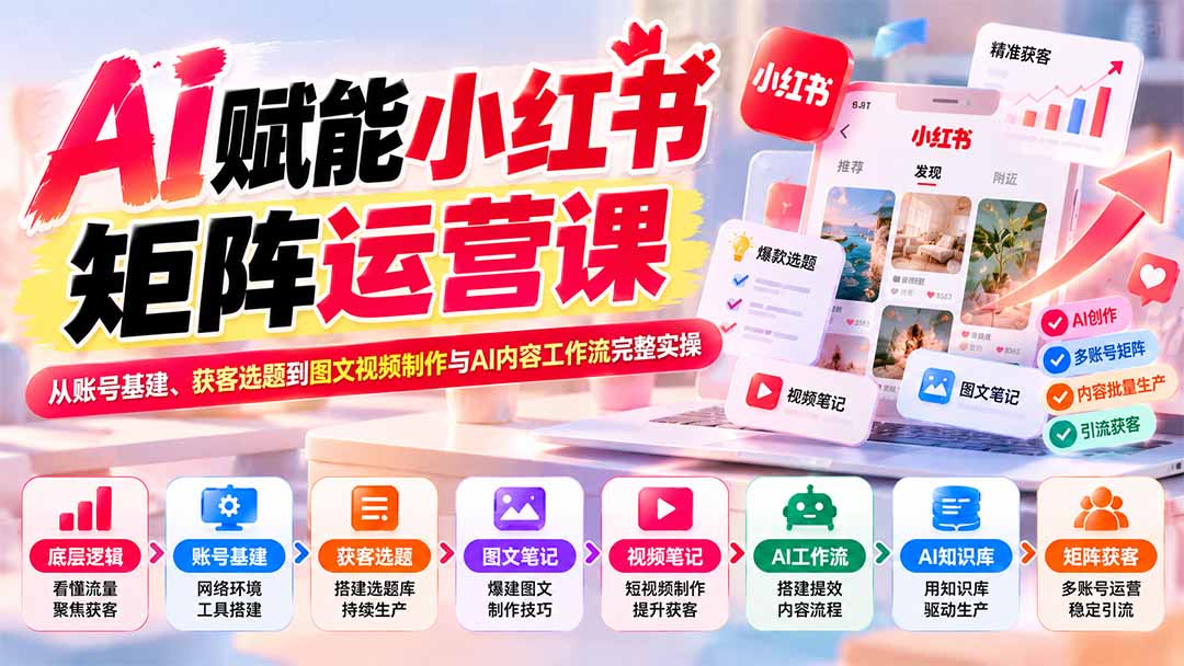 AI赋能小红书矩阵运营课：从账号基建、获客选题到图文视频制作与AI内容工作流完整实操-桀创项目掘金社