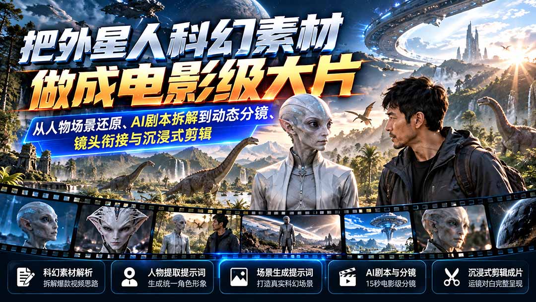 把外星人科幻素材做成电影级大片：从人物场景还原、AI剧本拆解到动态分镜、镜头衔接与沉浸式剪辑-桀创项目掘金社