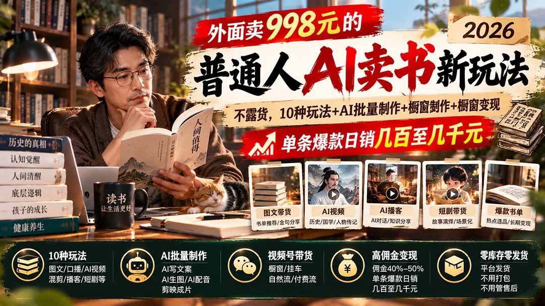 外面卖998元的2026普通人AI卖书新玩法：不露脸、不囤货，10种玩法+AI批量制作+橱窗变现，单条爆款日销几百至几千元-桀创项目掘金社