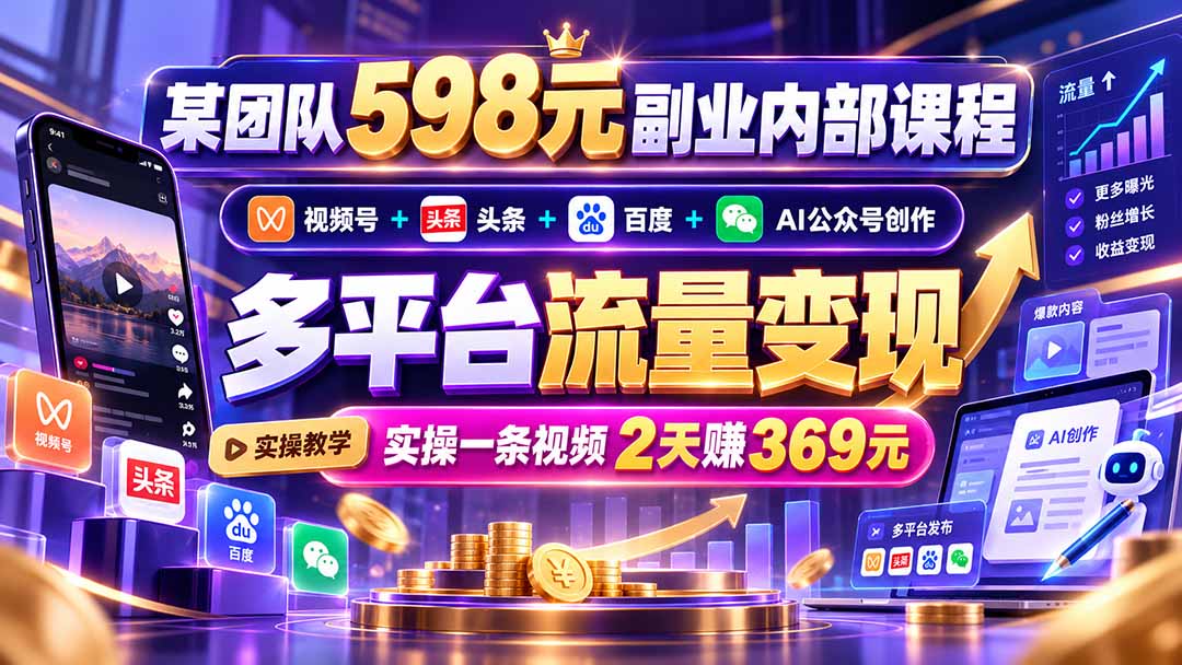 某团队598元副业内部课程：视频号+头条+百度+AI公众号创作、多平台流量变现，实操一条视频2天赚369元-桀创项目掘金社