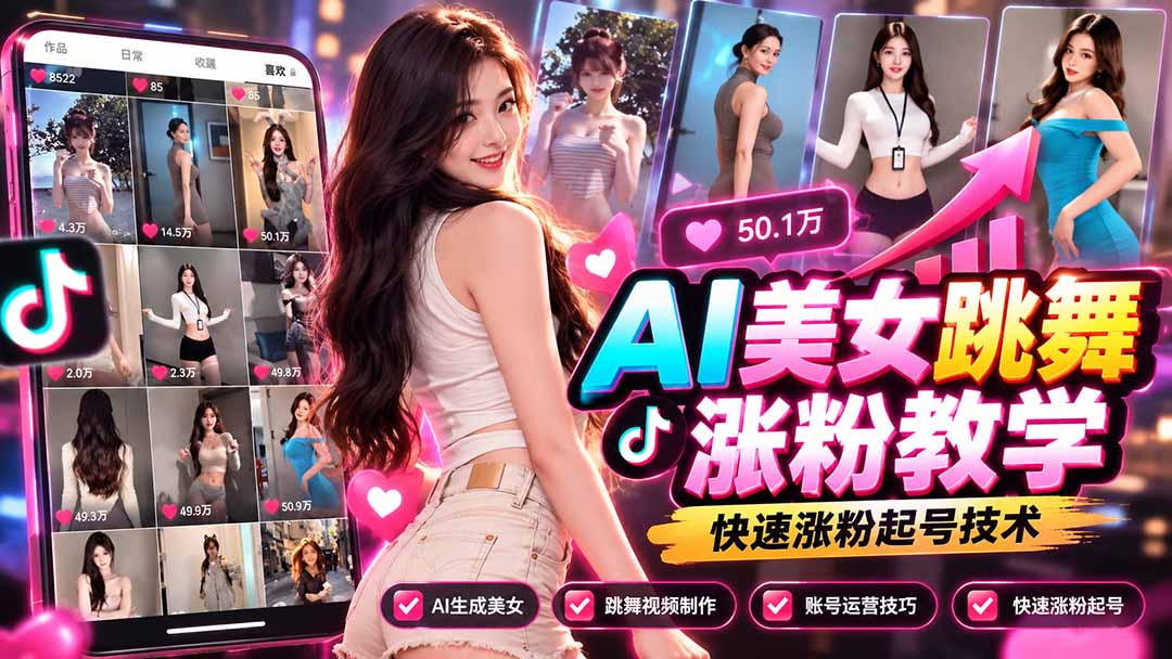 AI美女跳舞涨粉教学，AI生成美女，跳舞视频制作，账号运营与快速起号涨粉-桀创项目掘金社