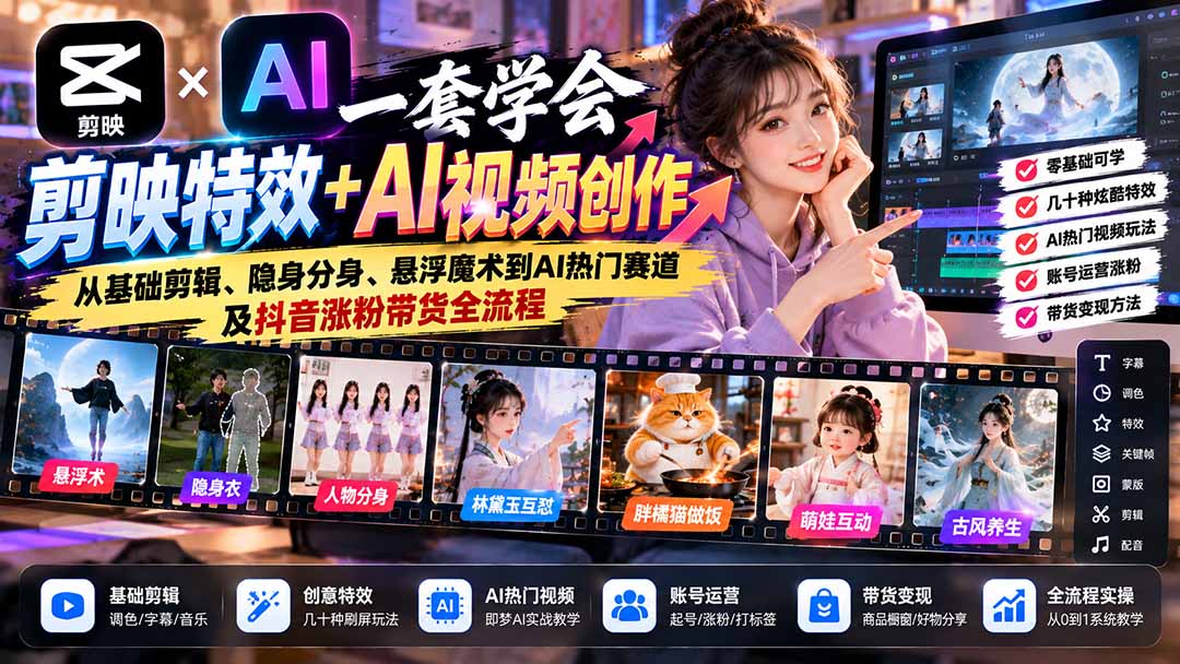一套学会剪映特效+AI视频创作：从基础剪辑、隐身分身、悬浮魔术到AI热门赛道及抖音涨粉带货全流程-桀创项目掘金社