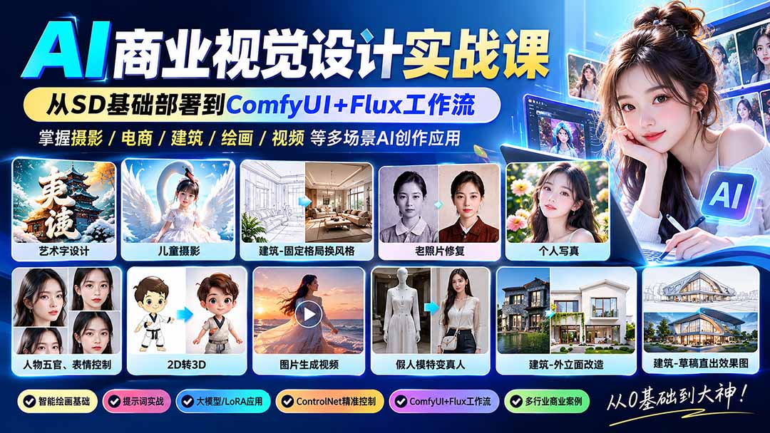 【无水印】AI商业视觉设计实战课：从SD基础部署到ComfyUI+Flux工作流，掌握摄影电商建筑AI创作-桀创项目掘金社