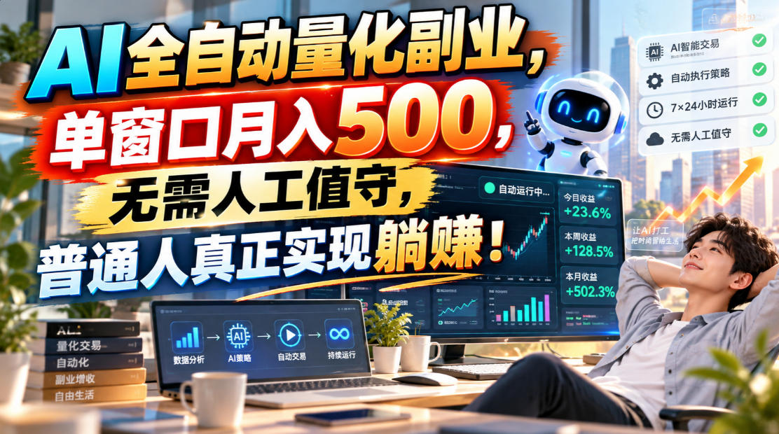 AI全自动量化副业，单窗口月入500，无需人工值守，普通人真正实现躺賺！-桀创项目掘金社
