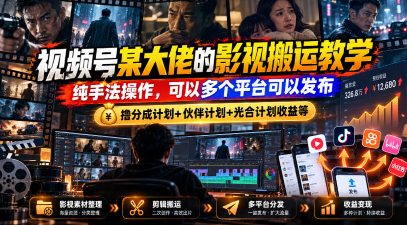 视频号某大佬的影视搬运教学，纯手法操作，可以多个平台可以发布，撸分成计划+伙伴计划+光合计划收益等-桀创项目掘金社