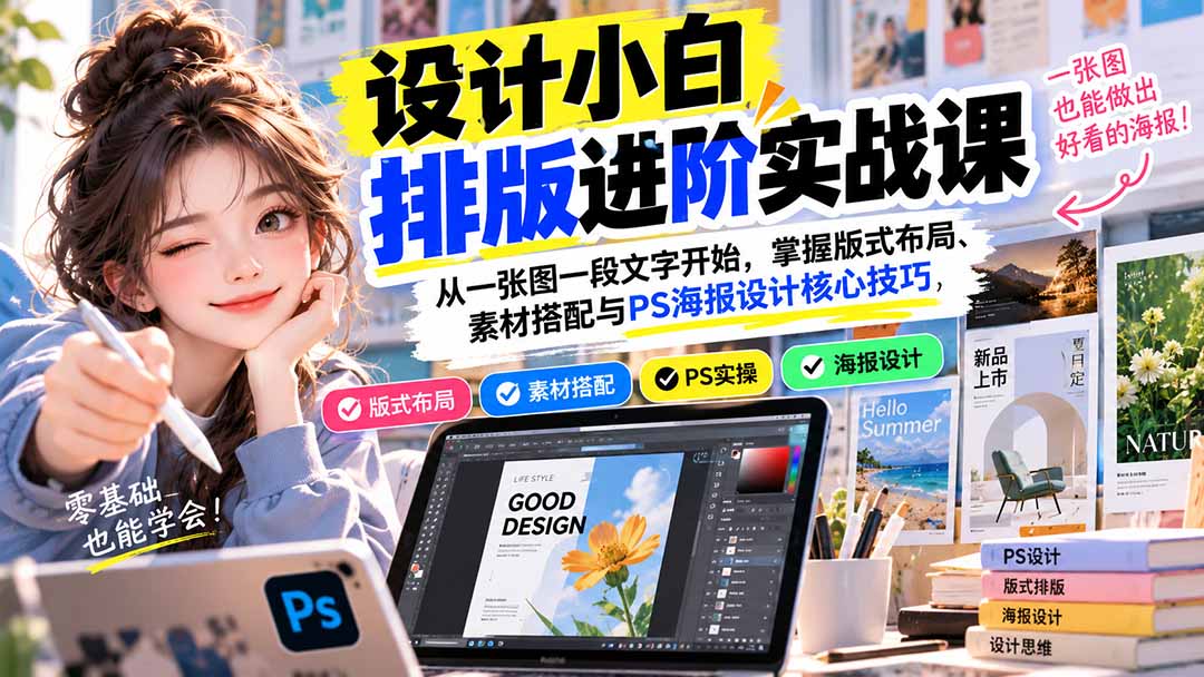 设计小白排版进阶实战课：从一张图一段文字开始，掌握版式布局、素材搭配与PS海报设计核心技巧-桀创项目掘金社