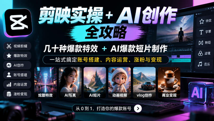 剪映实操+AI创作全攻略｜几十种爆款特效+AI爆款短片制作，一站式搞定账号搭建、内容运营、涨粉与变现-桀创项目掘金社