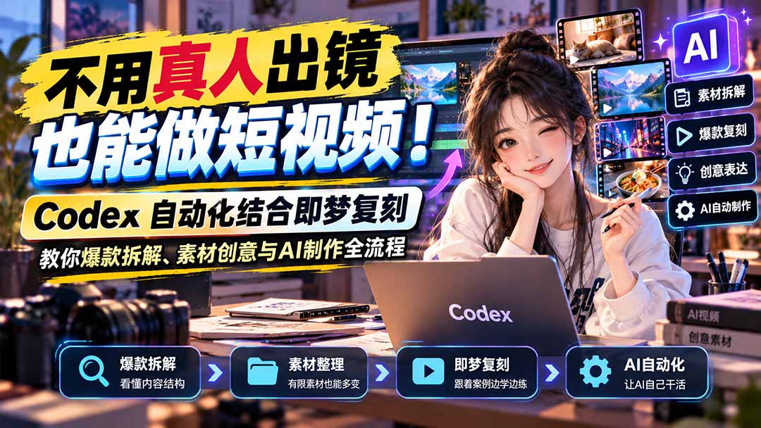 不用真人出镜也能做短视频！Codex自动化结合即梦复刻，教你爆款拆解、素材创意与AI制作全流程-桀创项目掘金社