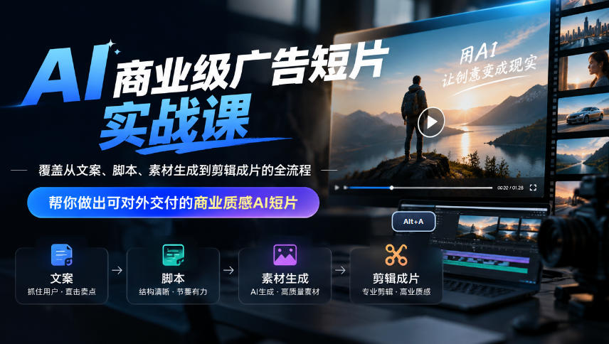 AI商业级广告短片实战课，覆盖从文案、脚本、素材生成到剪辑成片的全流程，帮你做出可对外交付的商业质感AI短片-桀创项目掘金社