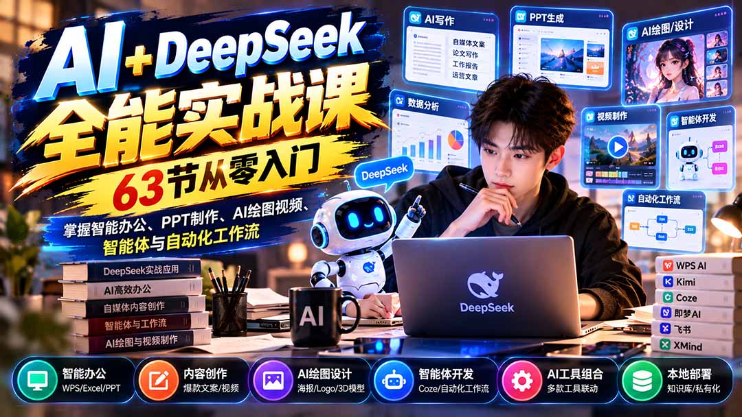 AI+DeepSeek全能实战课：63节从零入门，掌握智能办公、PPT制作、AI绘图视频、智能体与自动化工作流-桀创项目掘金社