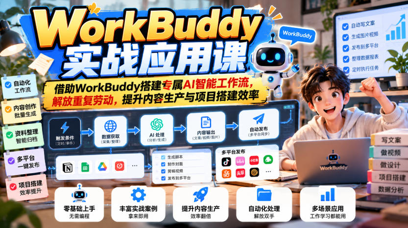 WorkBuddy实战应用课，借助WorkBuddy搭建专属AI智能工作流，解放重复劳动，提升内容生产与项目搭建效率-桀创项目掘金社
