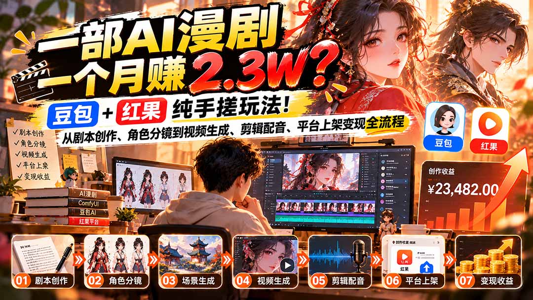 一部AI漫剧一个月赚2.3W？豆包+红果纯手搓玩法！从剧本创作、角色分镜到视频生成、剪辑配音、平台上架变现全流程-桀创项目掘金社