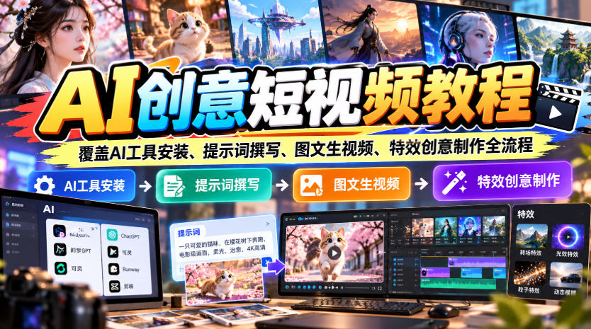 AI创意短视频教程，覆盖AI工具安装、提示词撰写、图文生视频、特效创意制作全流程-桀创项目掘金社