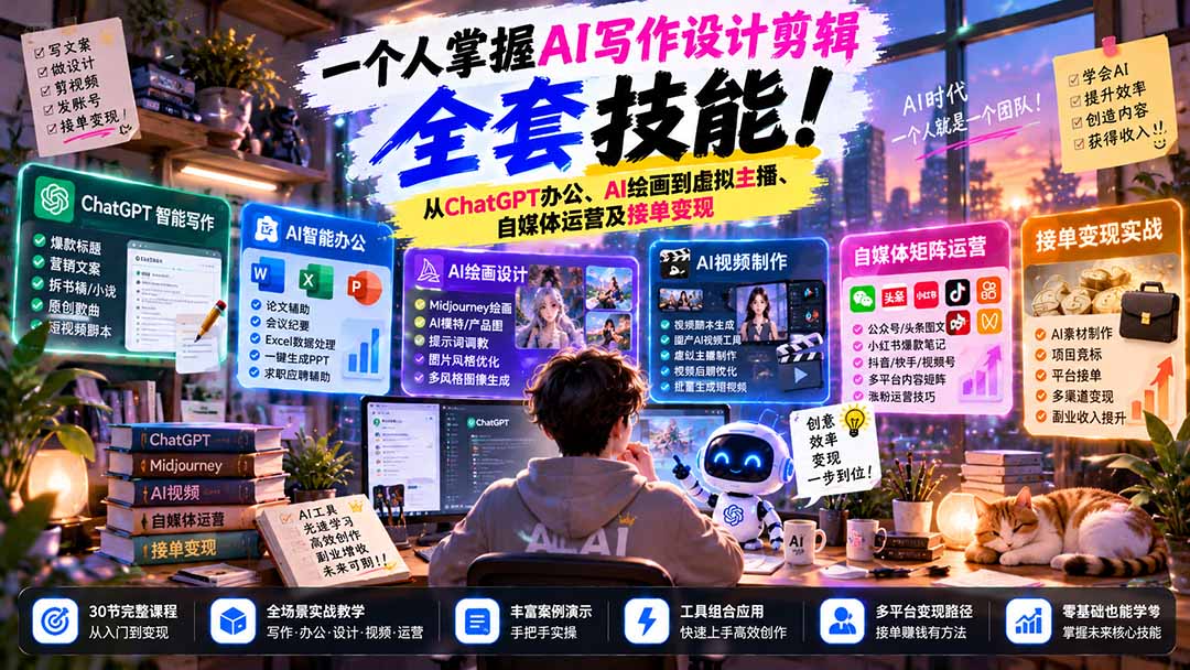 一个人掌握AI写作设计剪辑全套技能：从ChatGPT办公、AI绘画到虚拟主播、自媒体运营及接单变现-桀创项目掘金社