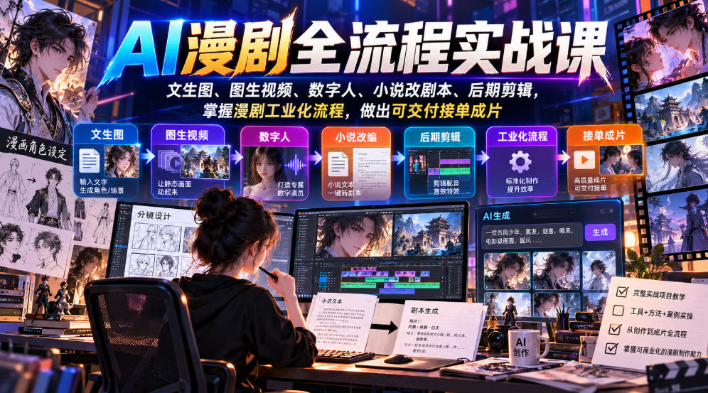 AI漫剧全流程实战课，文生图、图生视频、数字人、小说改剧本、后期剪辑，掌握漫剧工业化流程，做出可交付接单成片-桀创项目掘金社