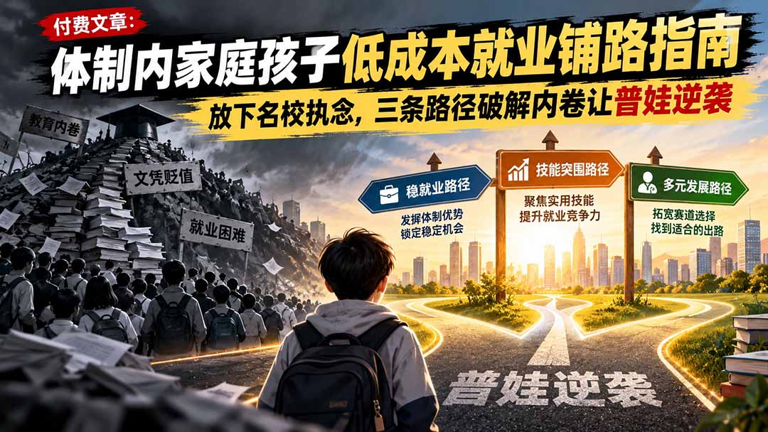 付费文章：体制内家庭孩子低成本就业铺路指南，放下名校执念，三条路径破解内卷让普娃逆袭-桀创项目掘金社