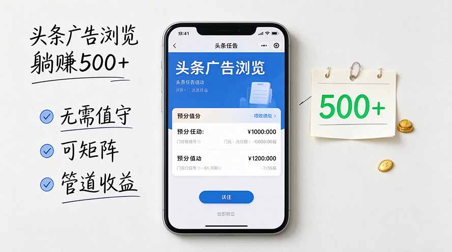 头条广告浏览躺赚500+无需值守，可矩阵并附有管道收益-桀创项目掘金社