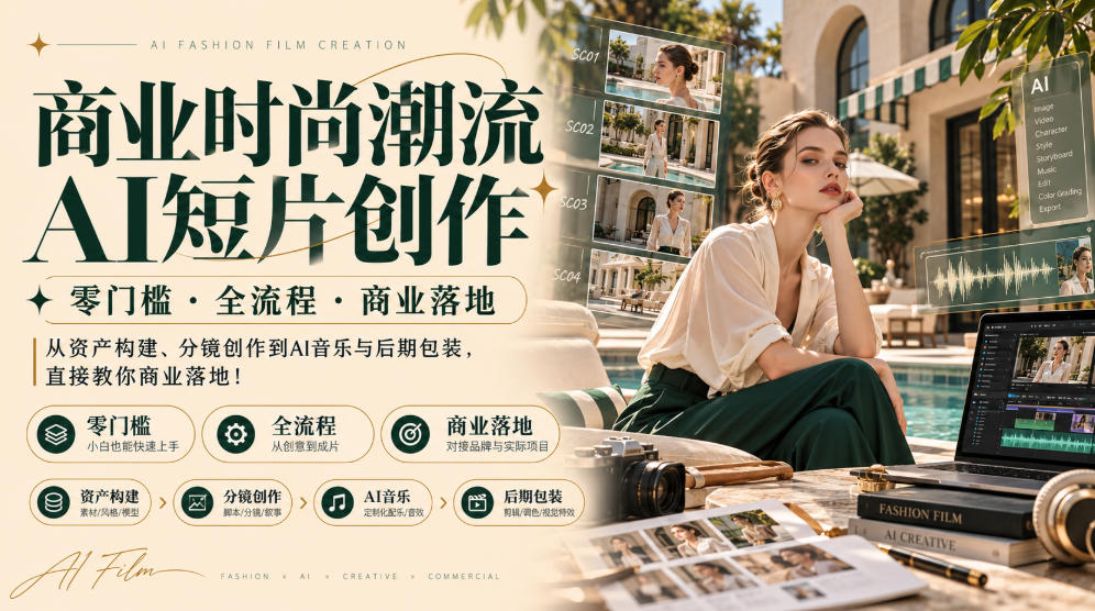 商业时尚潮流AI短片创作｜零门槛・全流程・商业落地，从资产构建、分镜创作到AI音乐与后期包装，直接教你商业落地！-桀创项目掘金社
