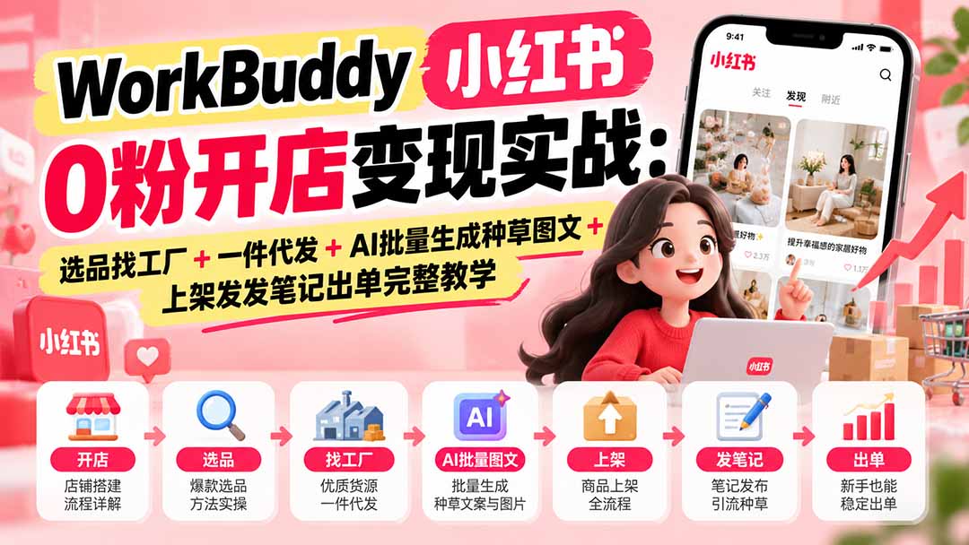 WorkBuddy小红书0粉开店变现实战：选品找工厂+一件代发+AI批量生成种草图文+上架发发笔记出单完整教学-桀创项目掘金社