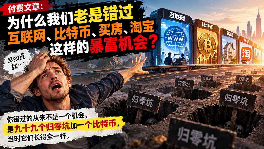 付费文章：为什么我们老是错过互联网、比特币、买 房、淘宝这样的暴富机会？-桀创项目掘金社