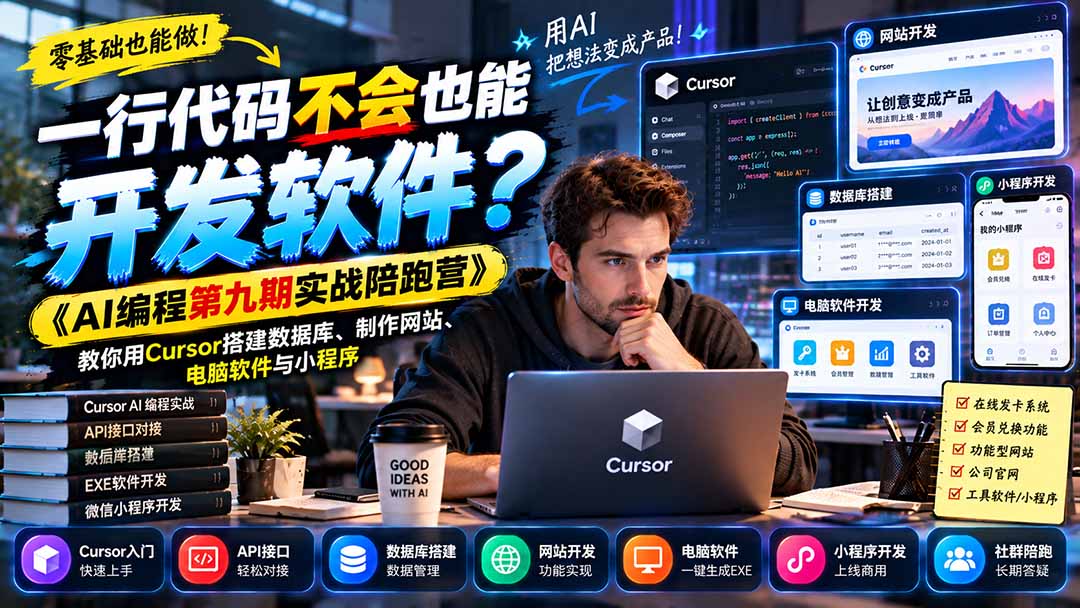 一行代码不会也能开发软件？《AI编程第九期实战陪跑营》教你用Cursor搭建数据库、制作网站、电脑软件与小程序-桀创项目掘金社