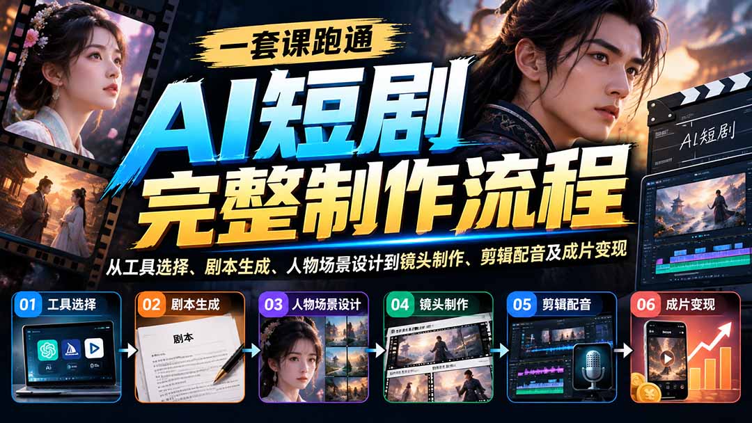 一套课跑通AI短剧完整制作流程：从工具选择、剧本生成、人物场景设计到镜头制作、剪辑配音及成片变现-桀创项目掘金社