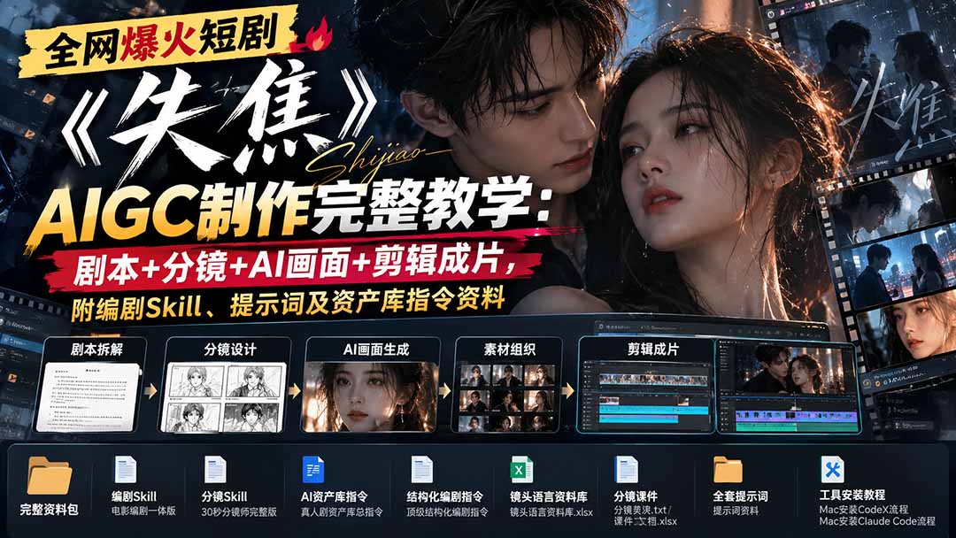 全网爆火短剧《失焦》AIGC制作完整教学：剧本+分镜+AI画面+剪辑成片，附编剧Skill、提示词及资产库指令资料-桀创项目掘金社