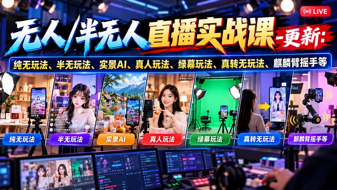 无人/半无人直播实战课-10月20更新：纯无玩法、半无玩法、实景AI、真人玩法、绿幕玩法、真转无玩法、麒麟臂摇手等-桀创项目掘金社