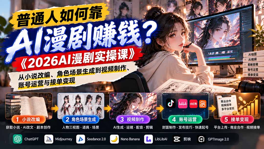普通人如何靠AI漫剧赚钱？《2026AI漫剧实操课》从小说改编、角色场景生成到视频制作、账号运营与接单变现-桀创项目掘金社