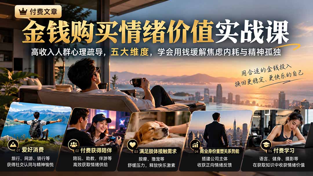 付费文章：金钱购买情绪价值实战课｜高收入人群心理疏导，五大维度，学会用钱缓解焦虑内耗与精神孤独-桀创项目掘金社