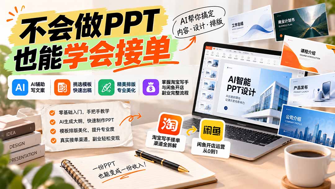 不会做PPT也能学会接单：AI辅助写文案、挑模板、做排版，掌握淘宝写手与闲鱼开店副业完整流程-桀创项目掘金社